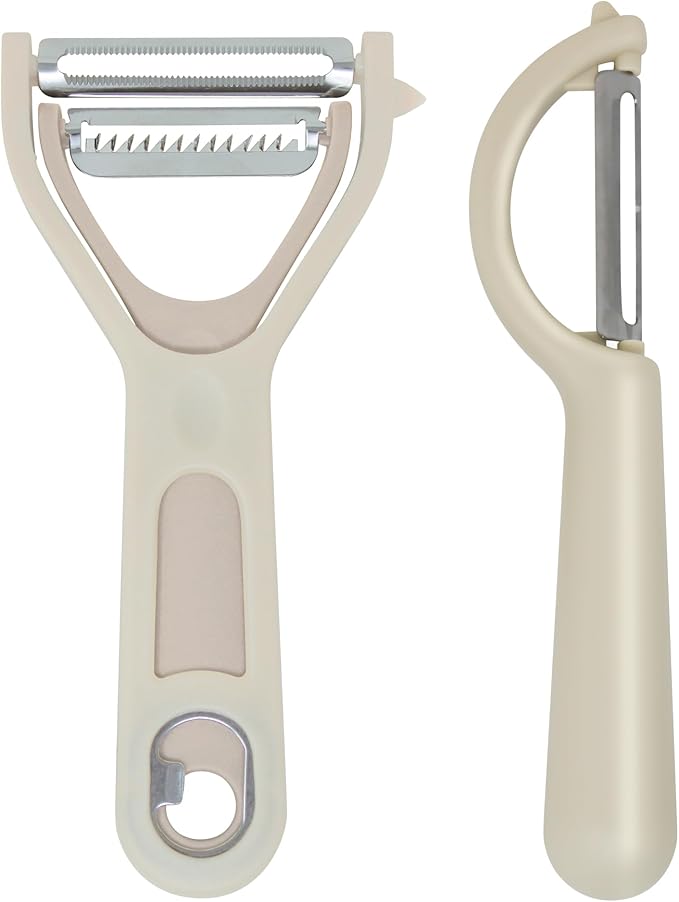 Vegetable Peeler 2-Piece Set – Swivel Cutter and Julienne Peeler with Bottle Opener and Built-in Eye Remover – Stainless Steel Blade with Comfortable Handle – Kitchen Tools & Accessories – Beige