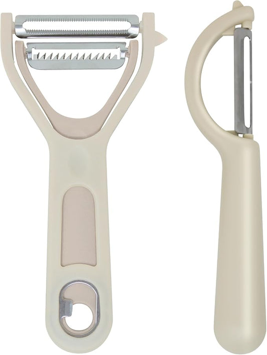 Vegetable Peeler 2-Piece Set – Swivel Cutter and Julienne Peeler with Bottle Opener and Built-in Eye Remover – Stainless Steel Blade with Comfortable Handle – Kitchen Tools & Accessories – Beige