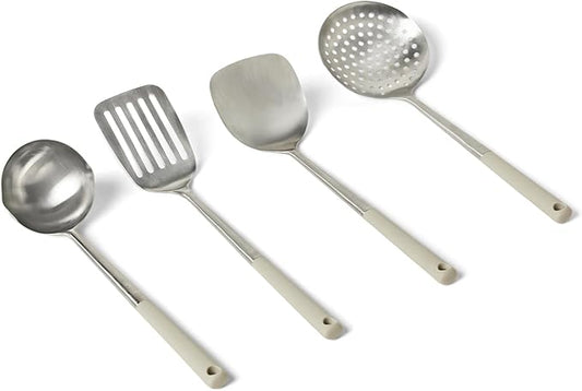 Amazon Basics Stainless Steel Cooking Spoon and Ladle Set, 4-Piece Set, Soft Grip Handle, Dishwasher-Safe, Linen Gray