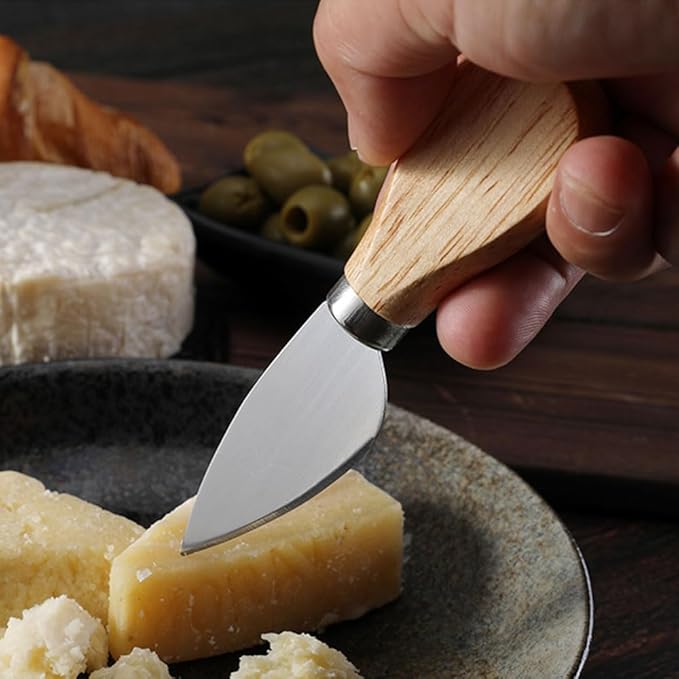 4-Piece Set of Stainless Steel Cheese Knives with Wood Hand, Including Cheese Slicer and Cheese Cutters, Essential Cheese Tools for the Kitchen (Oak handle, Gold)