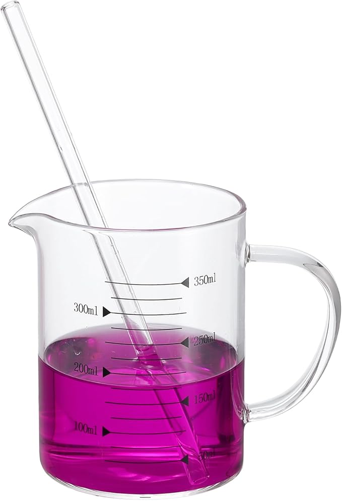 PATIKIL 350ml Glass Measuring Cup, Borosilicate Glass Beaker Graduated Liquid Measure Cups with Straw V-Shaped Spout for Kitchen Drinking Restaurant, Black Printed Scale