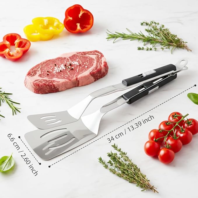 Stainless Steel Grill Clamp, 2026 Upgraded Multifunctional Frying Spatula, Rubber-Grip Tongs-Spatula, Perfect for Grilling, Cooking, Frying, and Griddling (3)