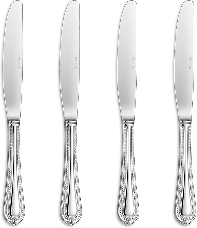 KEAWELL Pearl Edge 4-Piece Premium Dinner Knives: Stainless Steel Table Knives with a Refined Bead Design, Brightly Polished, 9.6 Inches, Dishwasher Safe. (Silver)