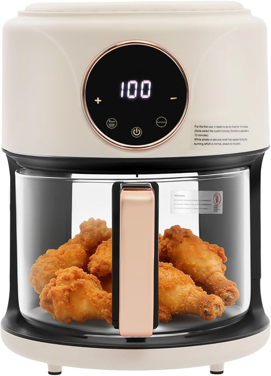 4.4 Qt Air Fryer 1200W Glass Air Fryer, 8-in-1 Functions, 360° Viewable, Digital Display, Adjustable Temperature 176°F to 392°F, 60-Minute Timer, Dishwasher Safe, Nonstick Basket (White)