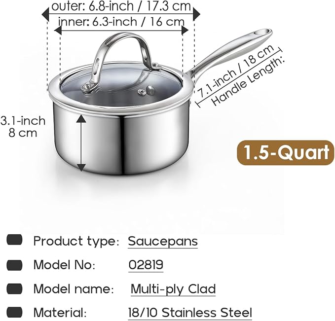 Cooks Standard Stainless Steel Saucepan with Lid, Multi-Ply Clad Sauce Pot 1.5-Quart, Silver