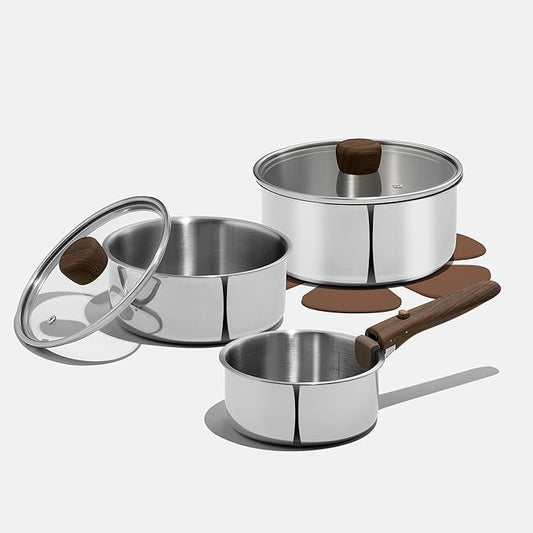 CAROTE Tri-Ply Stainless Steel Sauce Pan with Detachable Handle,1.5QT Sauce Pan,2QT & 3QT Saucepan with Lid, 8PCS Non-Toxic Induction Kitchen Stainless Steel Pot,Removable Handle,Oven Safe,Woodgrain