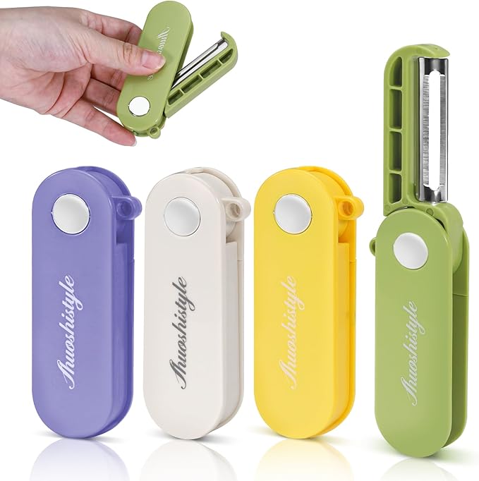 4Pcs Foldable Vegetable Peeler for Travel Camping Kitchen, Small Swivel Potato Peelers with Sharp Stainless Steel Blade for Apple Veggie Carrot Fruit Cucumber
