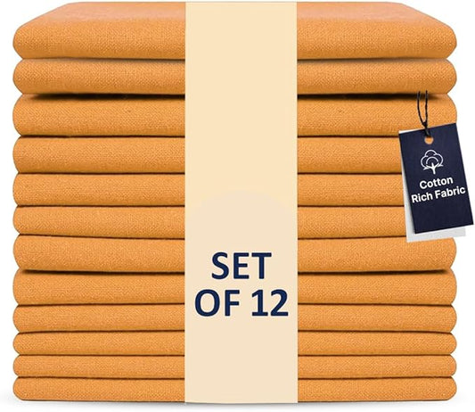 LFH Home Cotton Rich Metered Napkins for Dining Table Set of 12, Elegant Cloth Napkins for Wedding Party or Everyday Use Machine Washable Durable Reusable and Soft for Hosting 18x18 Inch - Mustard