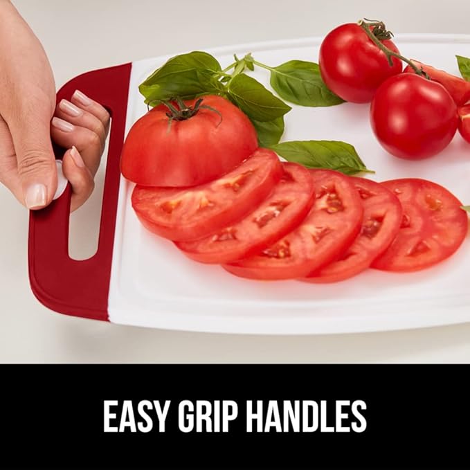 GORILLA GRIP BPA-Free Reversible Kitchen Cutting Board Set of 3, US Designed, Nonporous, Juice Grooves Catch Liquid, Slip Resistant Border, Dishwasher Safe, Durable Large Food Chopping Boards, Red
