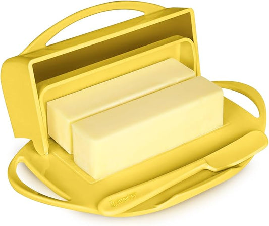 Butterie Flip-Top Butter Dish with Lid & Matching Knife, Holds 2 Sticks/European Butter, No-Mess Butter Holder, Shatterproof, Dishwasher Safe, Yellow