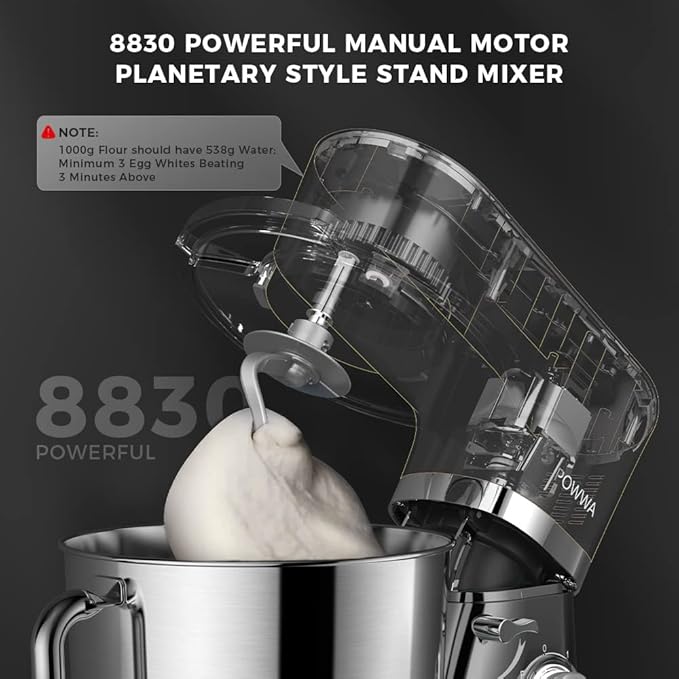 POWWA 6.5 Quart Electric Mixer, 6+1 Speed 660W Tilt-Head Kitchen Food Mixers with Whisk, Dough Hook, Mixing Beater & Splash Guard for Baking, Cake, Cookie, Kneading, ETL Certified (Black)