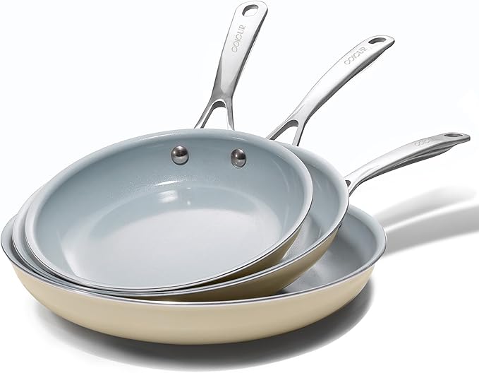 Coicur Nonstick Ceramic Frying Pans 8" 9.5" 11" Ceramic Skillets Set with Stainless Steel Handle Omelet Pans Healthy Cooking Chef Pans, PFOA Free, Cream White