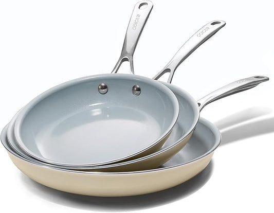Coicur Nonstick Ceramic Frying Pans 8" 9.5" 11" Ceramic Skillets Set with Stainless Steel Handle Omelet Pans Healthy Cooking Chef Pans, PFOA Free, Cream White