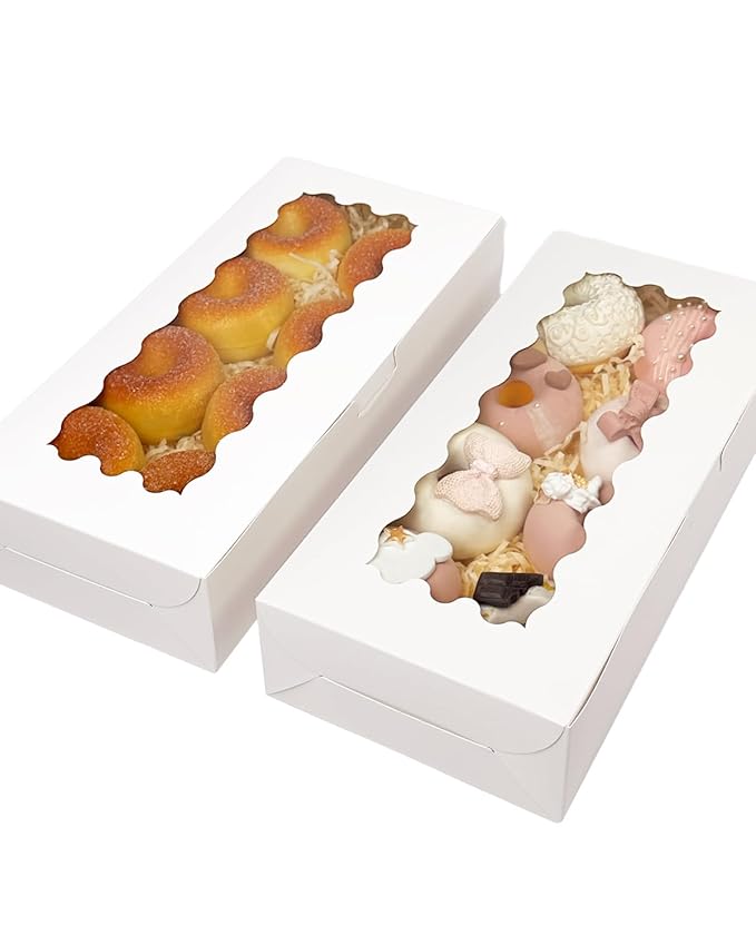 qiqee 50 Packs White Cookie Box with Window 12x5.5x2.5 Inch Two Uses Pastry Biscuit Bakery Box For Packaging