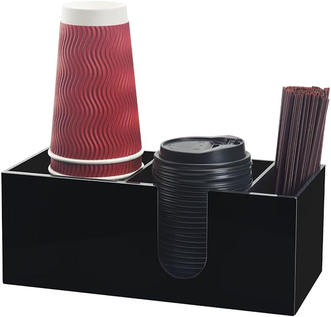 Coffee Bar Accessories and Organizer, Disposable Cup Holder for Countertop, Black Acrylic Storage and Organization for Cup Lid Stirrers Pod, Farmhouse Table Décor