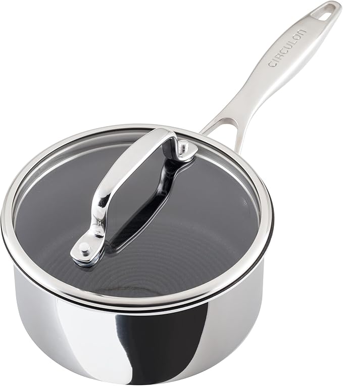 Circulon C1 Series Clad Stainless Steel with ScratchDefense Technology Cookware Nonstick Induction Saucepan with Lid, Metal Utensil Safe, 1.5 Quart - Polished Stainless Steel