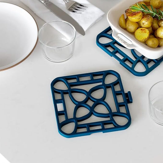 Capabunga 2-Pack Trivets for Hot Dishes - Blue Interlocking Hot Pads for Kitchen, Coffee Bar Essentials, Silicone Mats for Kitchen Counter, Heat Resistant Silicone Trivets for Pots and Pans
