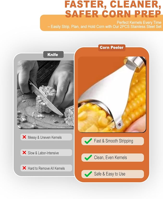 2PCS Corn Peeler Set – Stainless Steel Corn Stripper Tool with Peeler & Fork – Quickly Remove Kernels from Corn on the Cob – Dishwasher Safe, Easy Grip Handle, for Home & BBQ