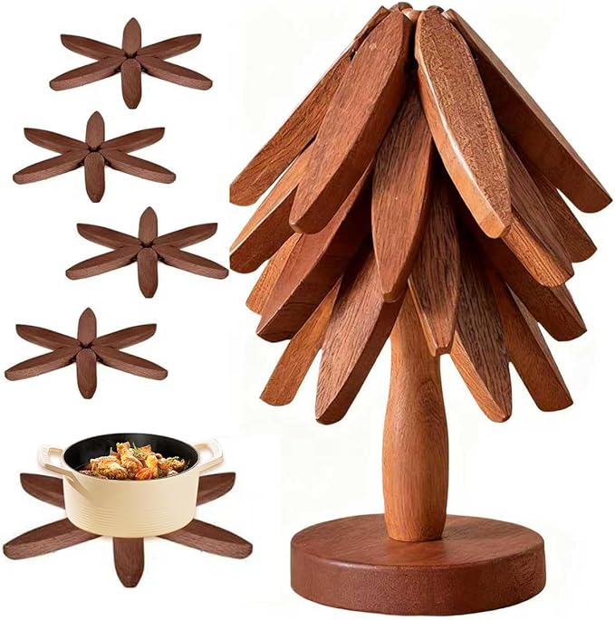 Foldable Kitchen Wooden Trivet Wooden Trivets for Hot Dishes, Tree Shape Trivet Set, 4 Walnut Wood 1 Stand stored Like a Christmas Tree,for Hot Pot Holder, Teapot, Bowl, Hot Dishes (Walnut Wood)