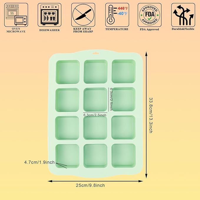 QELEG Silicone Brownie Pan with Dividers, 2 Set All Edges Square Cupcake Muffin Pans Non-Stick Baking Molds for Brownie Bites, Fudges and Keto Fat Bombs 2Pcs/12-Cavity