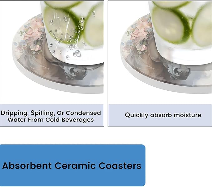 Round Coasters Set of 2, Horse Wearing Flowers Absorbent Ceramic Coaster with Cork Base, Bar Coasters for Drinks Coffee Mugs Tea Cups Wine Glasses Home Decor Gifts (4 inches)