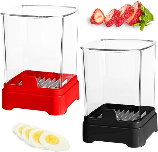 2 Pack Fruit Slicer Cup for Strawberry, Banana, Hard-Boiled Egg - Detachable Cutter with Push Plate - Rapid & Safe Slicing Kitchen Gadget for Quick Meal Prep(Black + Red)
