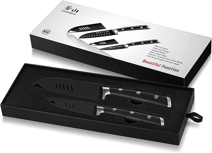 Cangshan S+ Series 1022094 German Steel Forged 2-Piece Titanium Coated Santoku Starter Knife Set with Sheaths, Noir Black