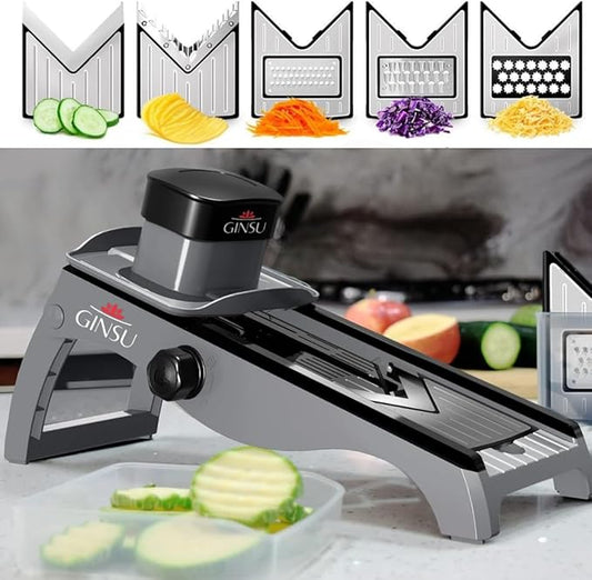 GINSU Stainless Steel Mandoline Slicer – Adjustable Food Slicer 14x6x3in, Precision Vegetable Cutter with Safety Guard, Non-Slip Base & Easy Clean Design