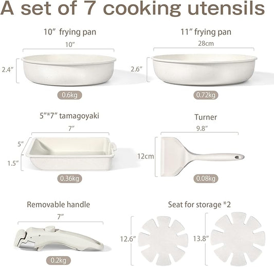 GiPP Ceramic Pots and Pans Set Non Stick, Nonstick Detachable Handle Cookware Sets, Non Toxic Induction Kitchen Pot and Pan with Removable Handle, Healthy RV Cookware, Dishwasher ＆Oven Safe, 7 Piece