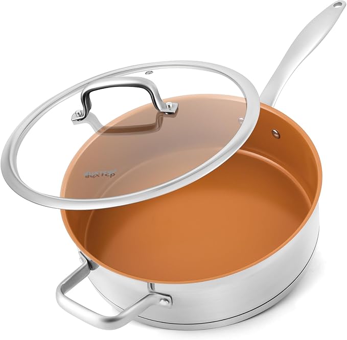 duxtop pro Ceramic Saute Pan with Lid, 5.5QT Nonstick Frying Pan without PFAS, PTFE, or PFOA, Stainless Steel Base Deep Skillet for All Cooktops, Oven & Dishwasher Compatible