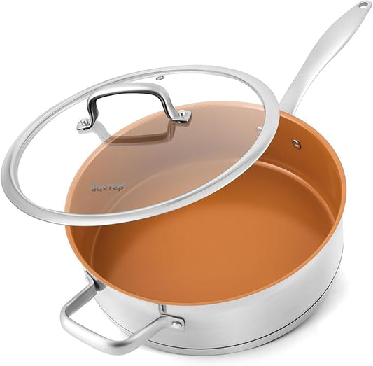 duxtop pro Ceramic Saute Pan with Lid, 5.5QT Nonstick Frying Pan without PFAS, PTFE, or PFOA, Stainless Steel Base Deep Skillet for All Cooktops, Oven & Dishwasher Compatible