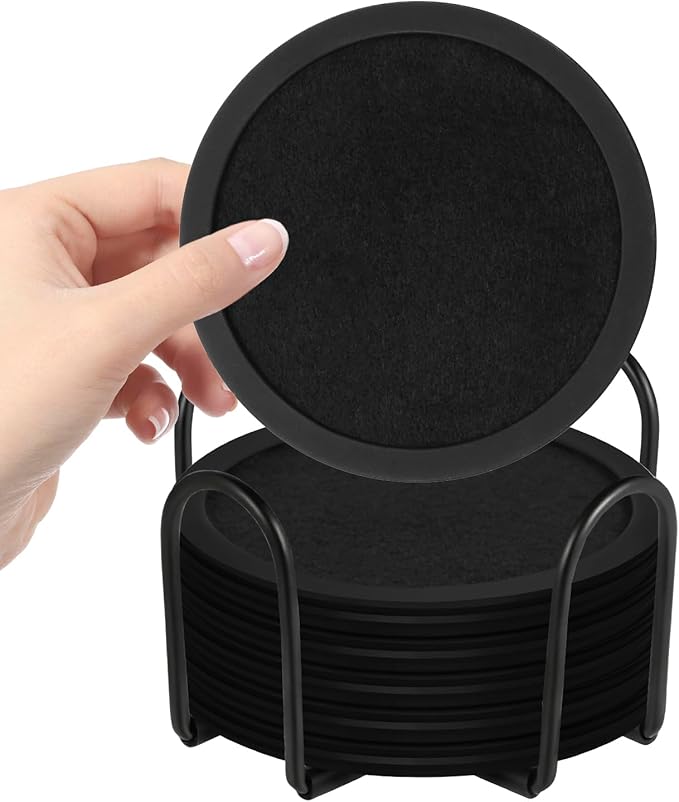 Sleek Absorbent Coasters with Holder – Silicone Cup Mat with Removable Felt Insert Non-Slip, Non-Stick, for Coffee Tables, Kitchen Décor – Set of 6 Coasters (Black)