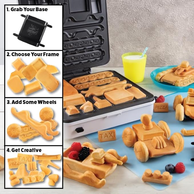 Auto Body Shop Waffle Maker- Mix & Match 20+ Custom Shaped Pieces to Build Cars, Trucks or Vehicles Out of WAFFLES! Breakfast Kids Adults Fun- Nonstick Quick Cleanup w 4 Removable Plates, Recipe Guide
