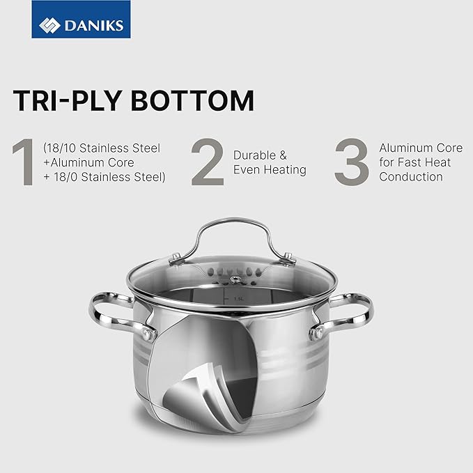 Daniks Tokio Stainless Steel Stock Pot 3 Quart, with Glass Strainer Lid, Induction Ready, Dishwasher Safe, Measuring Scale, Silver