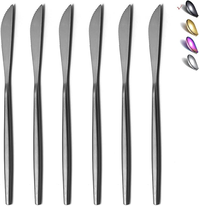 HOMQUEN Dinner Knives 6 Piece, Stainless Steel Matt Black Dinner Knife, Sturdy butter knife, Modern Design butter knives, Dishwasher Safe (Matt Black-8.9 Inch)
