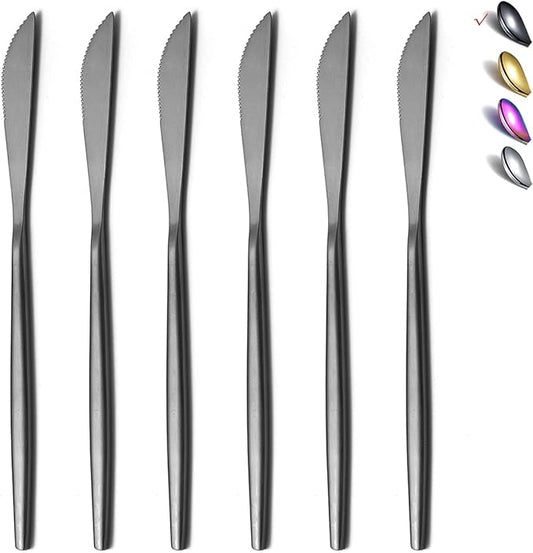 HOMQUEN Dinner Knives 6 Piece, Stainless Steel Matt Black Dinner Knife, Sturdy butter knife, Modern Design butter knives, Dishwasher Safe (Matt Black-8.9 Inch)