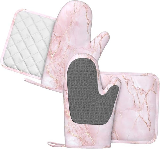 Oven Mitts and Pot Holders Light Pink Marble Art Silicone Kitchen Accessories Set of 4 Heat Resistant Long Gloves Potholder Non-Slip Grip for Chef Cooking Baking Grilling BBQ