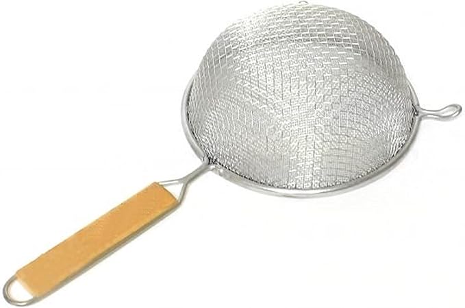 TrueCraftware- 8-Inch Double Medium Mesh Strainer Stainless Steel 6-1/2" Handle Length Wooden Handle- Kitchen Utensil Food Strainer Skimmer Spoon for Cooking Sieve Sifters Pasta Fruits Vegetable
