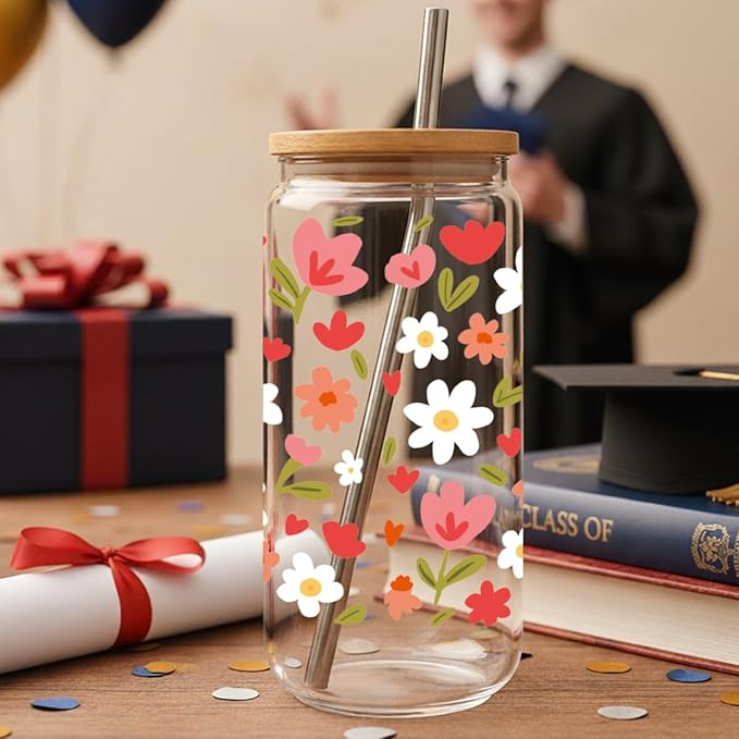 Cute Pink Flower Drinking Glass Cups with Lid and Straw Gifts for Women Daughter Niece Friends,Floral Daisy Wildflower Ice Coffee Glass Cup Gifts for Birthday Christmas,Coffee Lover Gift for Her