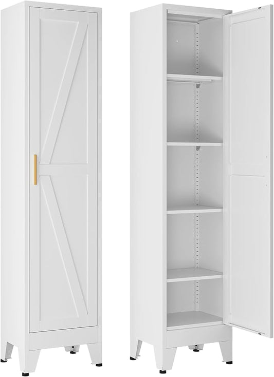 67" Tall Storage Cabinet with Reversible Doors and Adjustable Shelves,Metal Slim Freestanding Cabinets for Bathroom Kitchen Garage Small Spaces,White