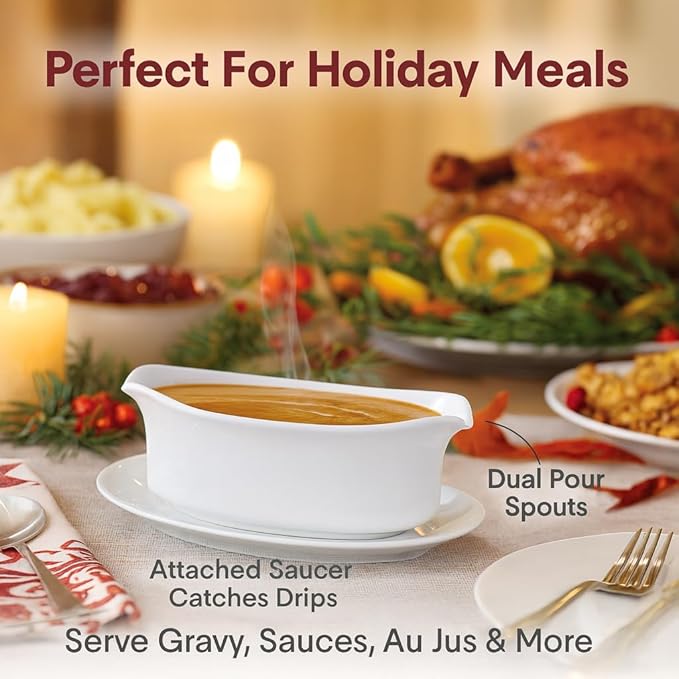 HIC Kitchen Gravy Boat With Attached Saucer, Fine Porcelain, 18-Ounce Capacity For Gravy, Sauce, Au Jus, Dressing, Holiday Meals, And Entertaining
