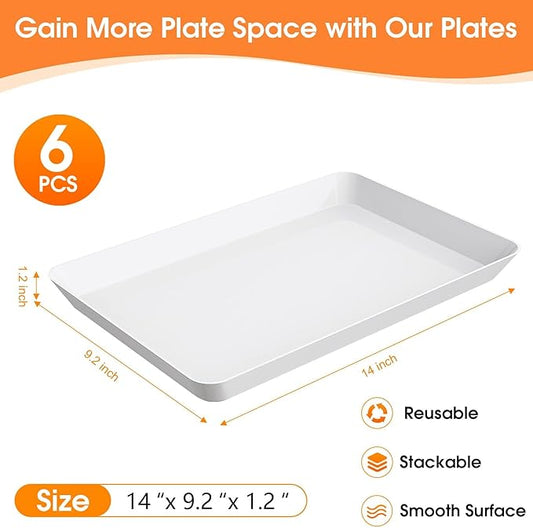 6-Pack Serving Tray, Serving Platter for Parties, Entertaining, Camping & Food Display, Reusable & Stackable Plastic Trays in Kitchen, Rectangular Food Platters for Cookie, Appetizer(White)