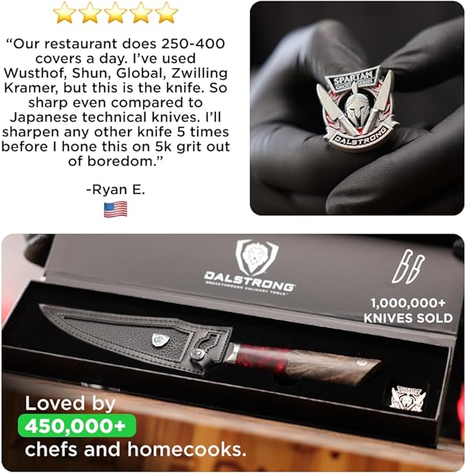 Dalstrong Curved Fillet Knife - 6.5 inch - Spartan Ghost Series - American Forged S35VN Powdered Steel Kitchen Knife - Maple & Red Resin Handle - Razor Sharp Boning Deboning - Leather Sheath