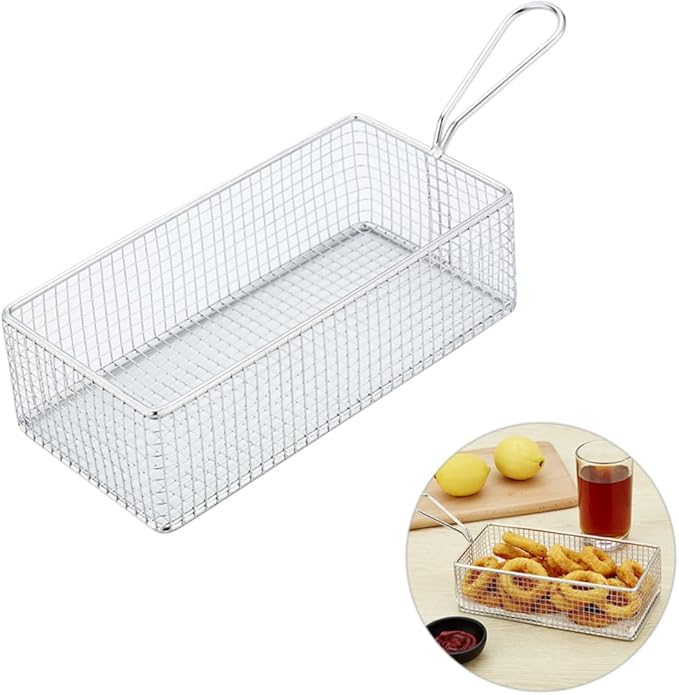 Chip Frying Basket French Fry Basket Metal Food Strainer Stainless Steel Rectangular Fry Basket Net Strainer Basket Spider Strainer Skimmer Ladle Mesh Frying Basket Blush With Ears