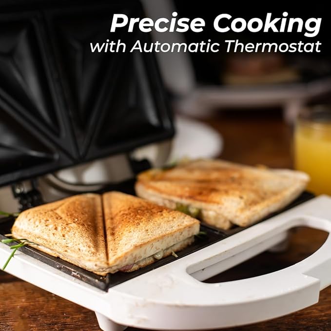 Sandwich Maker, Ideal for Making Sandwiches, Grill Cheeses, French Toast, and More, Non-Stick Sandwich Maker with Automatic Thermostat, 820-Watt Motor, Easy to Clean, White, SKM- 800 B