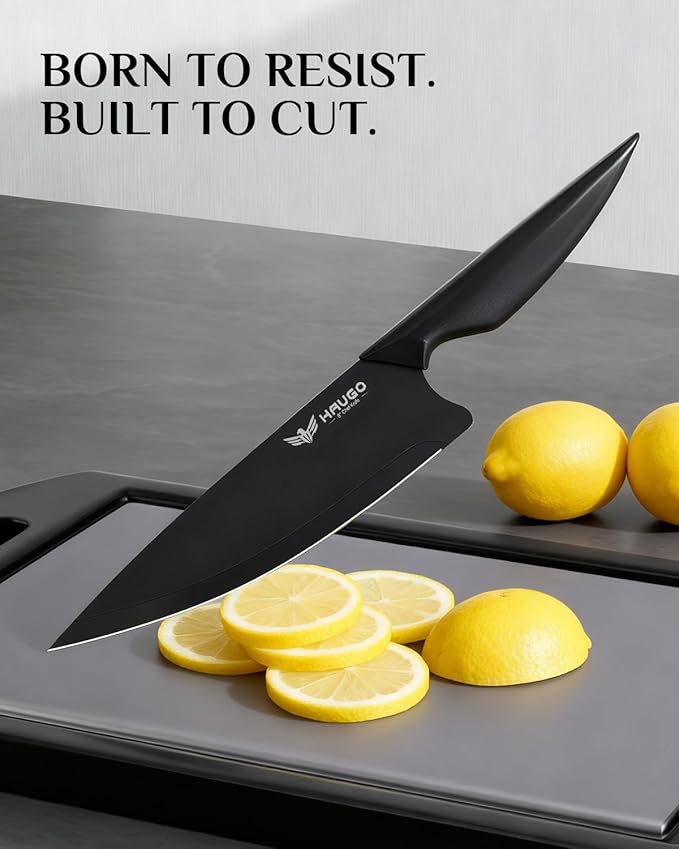 Knife Set - Haugo 15 PCS Kitchen Knife Set with Built in Sharpener - High Carbon German Stainless Steel - Dishwasher Safe Knife Block Set - Ergonomic Handles - Black Mamba Series