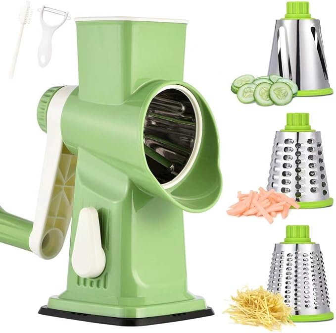 Rotary Cheese Grater with Handle Kitchen Shredder Slicer Grater Slicer Ice Shaver Cheese Vegetable Nuts Potato Zucchini Chocolate 3 Interchangeable Blades (Green)