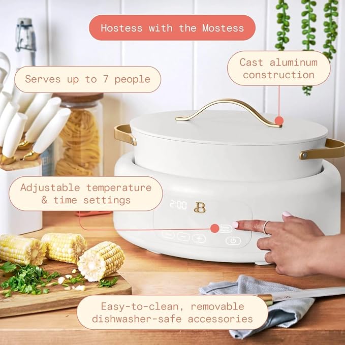Beautiful 10-in-1 Electric Multi-Cooker, 6-Quart, Digital Display, Non-Stick Pot, One-Touch Control, 10 Cooking Functions (White Icing)