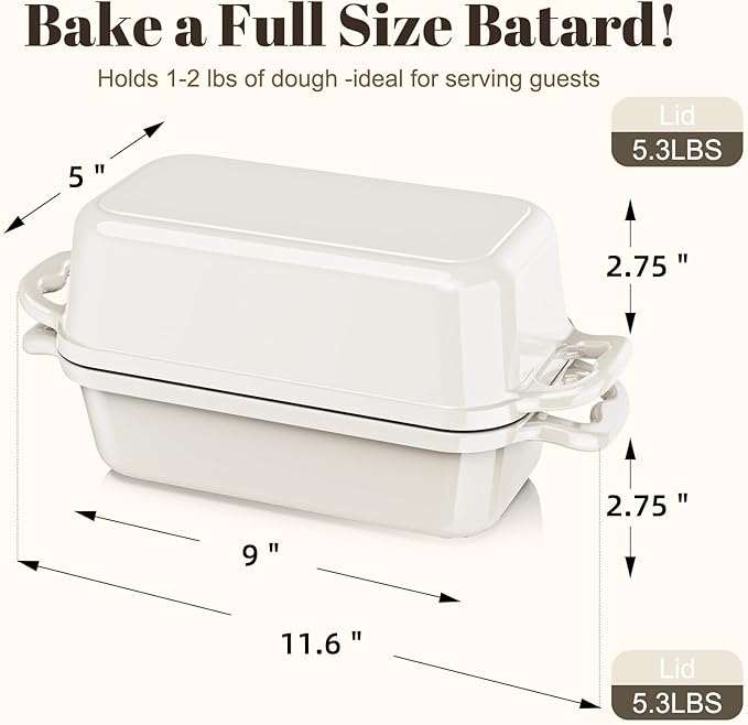 DYCYRQ Enameled Cast Iron Sourdough Bread Dutch Oven, Cast Iron Loaf Bread Pan for Homemade Bread Baking, 2PCS 9 x 5Inch Meatloaf Pan with Lid, Oven Safe, Cream