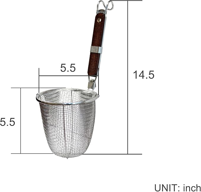 2-Pack Stainless Steel Noodle Strainer Basket with Wood Handle - G+ Life Kitchen Spider for Pasta, Ramen, Dumplings, and Deep-Fried Foods - 5.5 Inch Diameter